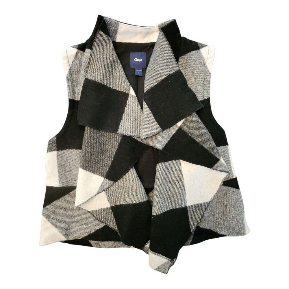 Gap Black & White Wool Blend Vest Size Small Poncho Wrap Checkered Buffalo Print